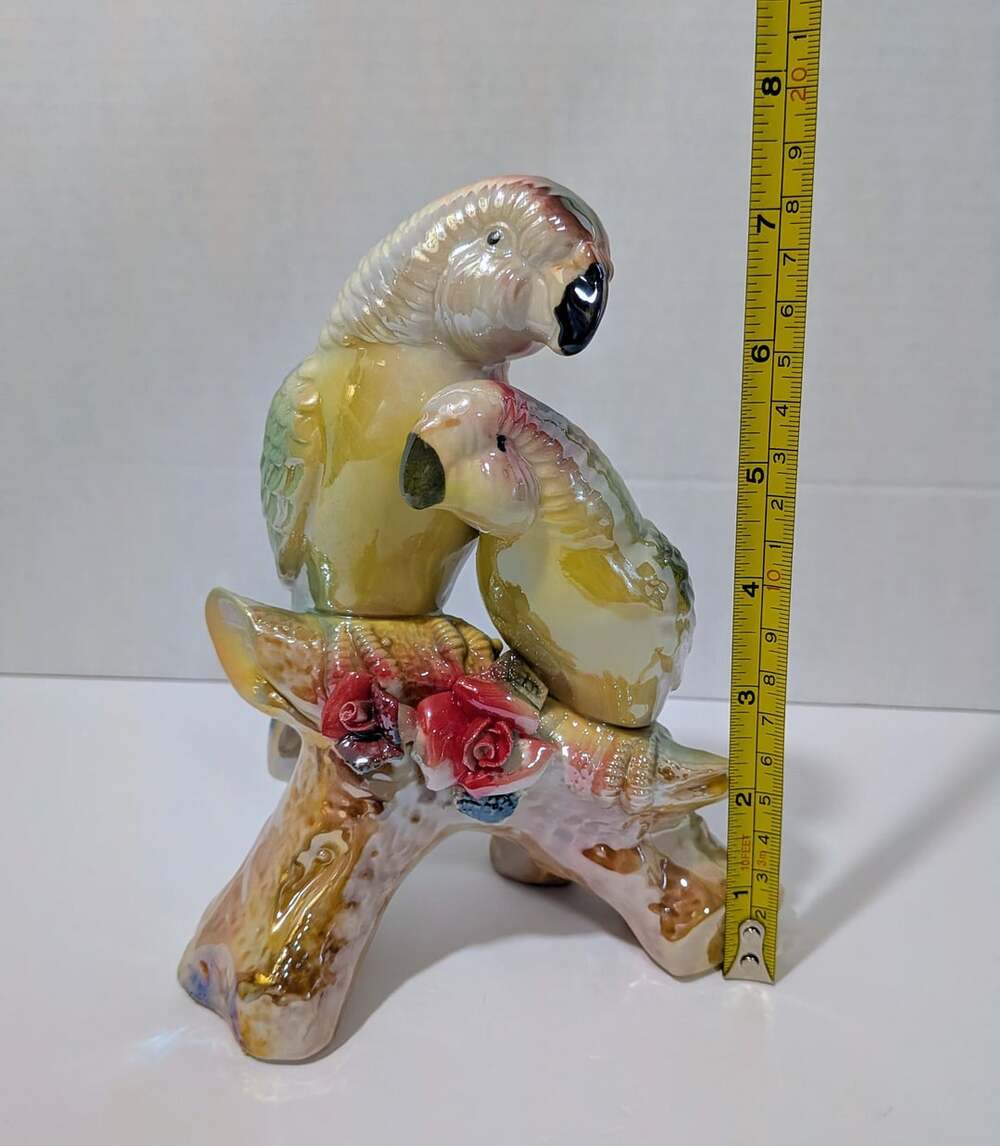 Vintage Porcelain Luster Glaze Cockatoo Parrots on Branch Figurine Red Roses